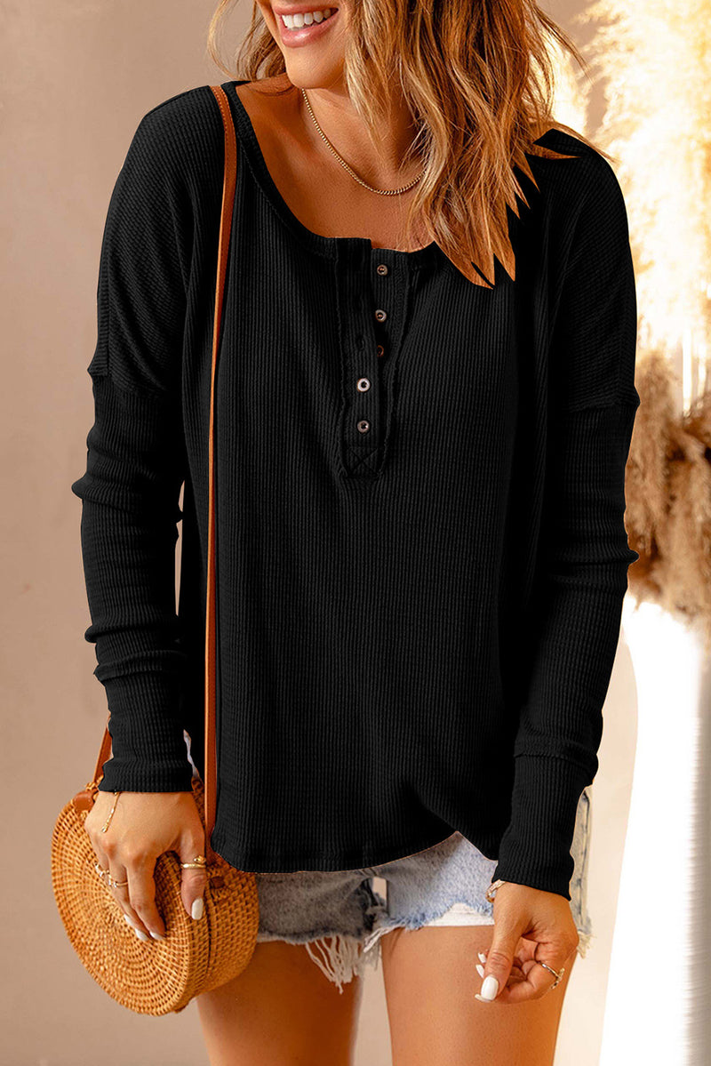 Double Take Full Size Half Button Drop Shoulder T-Shirt - Maple Row Boutique 
