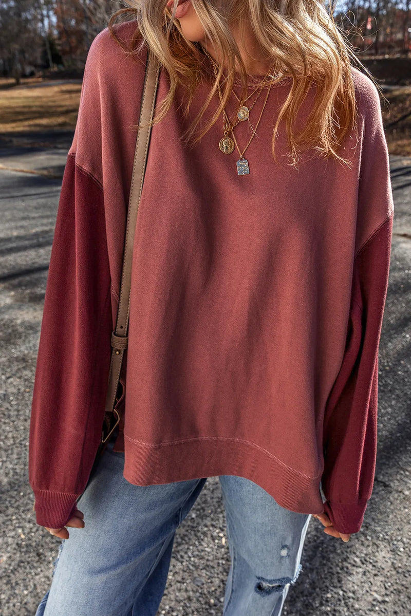 Contrast Round Neck Long Sleeve Sweatshirt - Maple Row Boutique 
