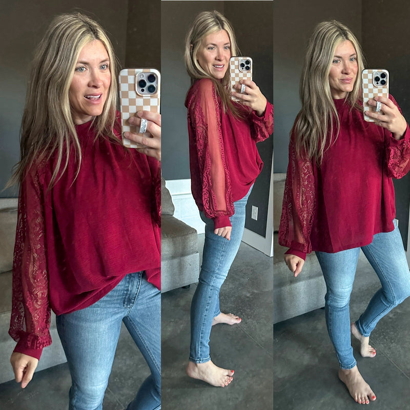Mock Neck Blouse With Lace Detailed Sleeves In Berry - Maple Row Boutique 