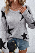 Star Round Neck Dropped Shoulder Sweater - Maple Row Boutique 