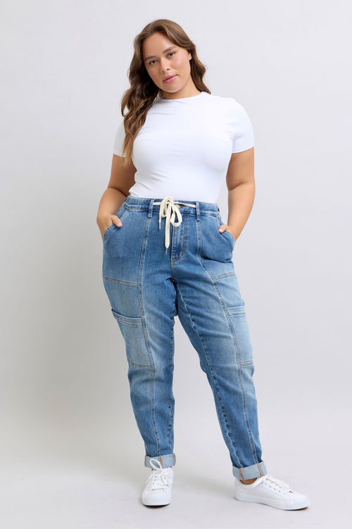 Clayton High Rise Cuffed Cargo Denim Jogger - Maple Row Boutique