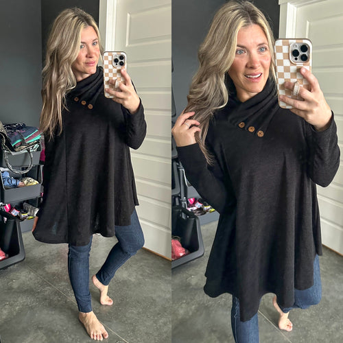 Crossover Cowl Neck Fit & Flare Tunic Sweater In Black - Maple Row Boutique 