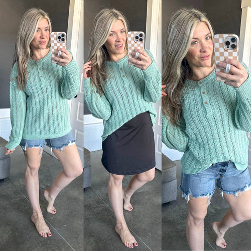 Fresh Aqua Knit Sweater With Functional Buttons - Maple Row Boutique 