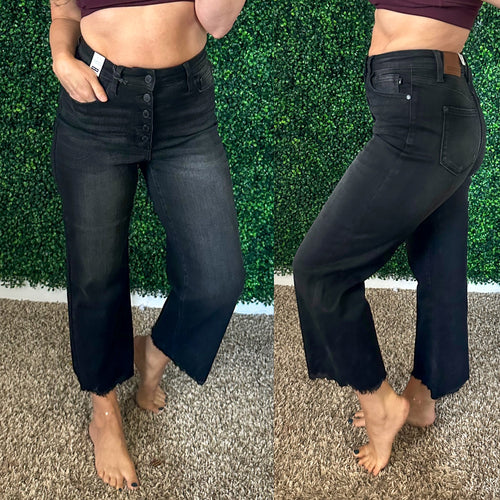 Ryan High Rise Button Fly Wide Leg Crop Jeans - Maple Row Boutique 
