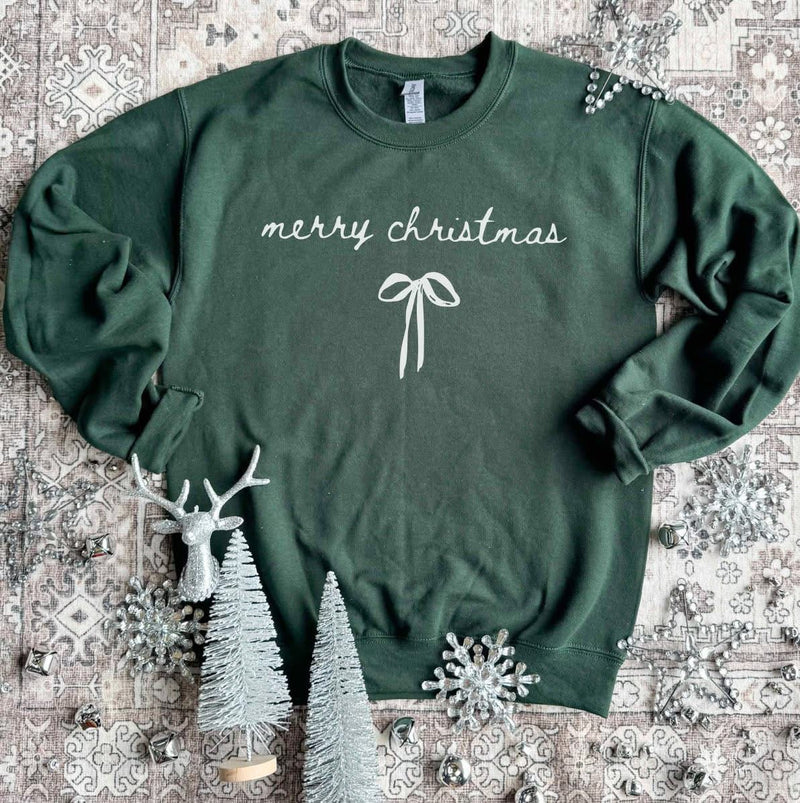 Saturday Steal Merry Christmas Bow Crewneck in Forest