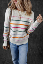 Striped Round Neck Dropped Shoulder Sweater - Maple Row Boutique 
