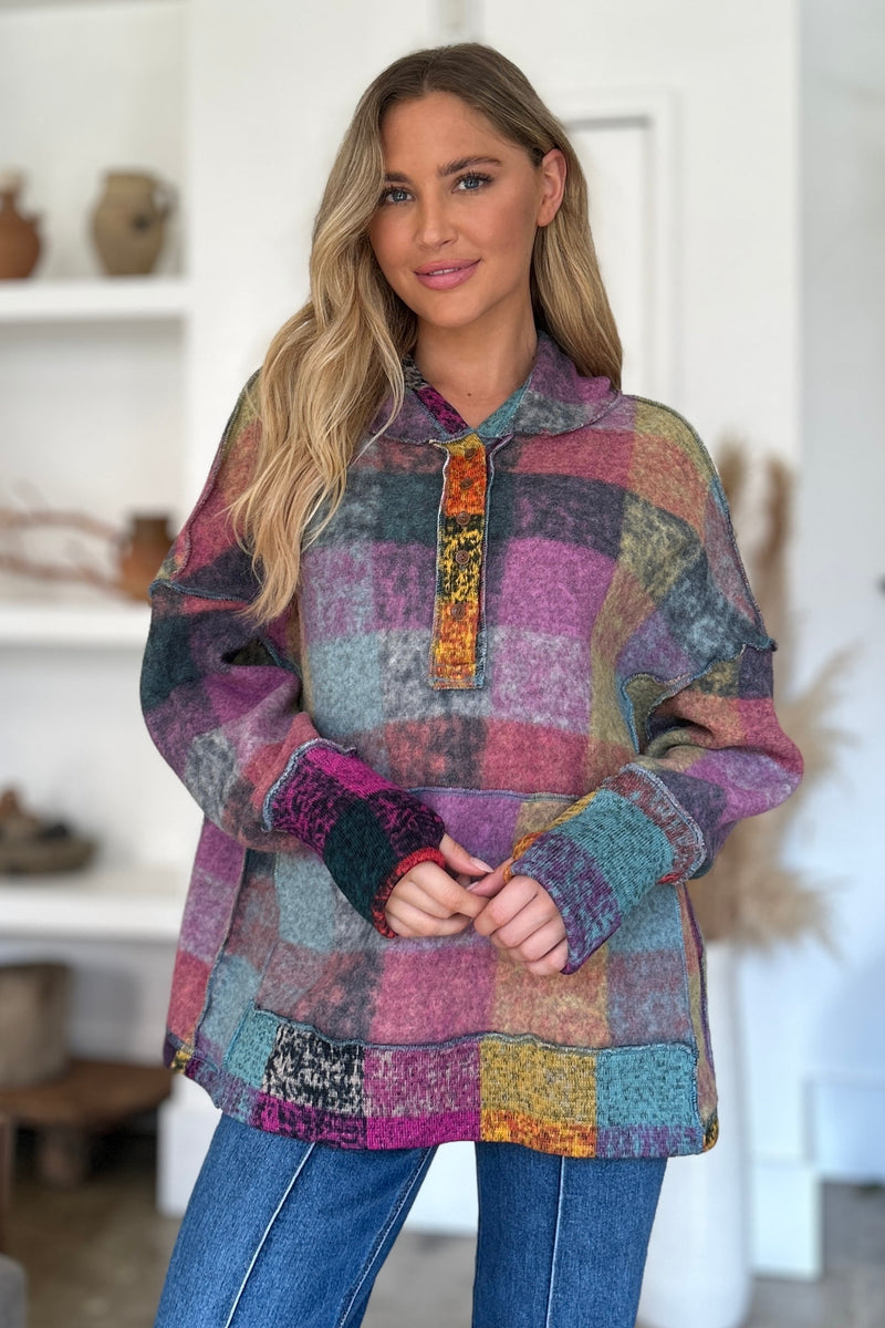 Double Take Full Size Plaid Dropped Shoulder Hoodie - Maple Row Boutique 