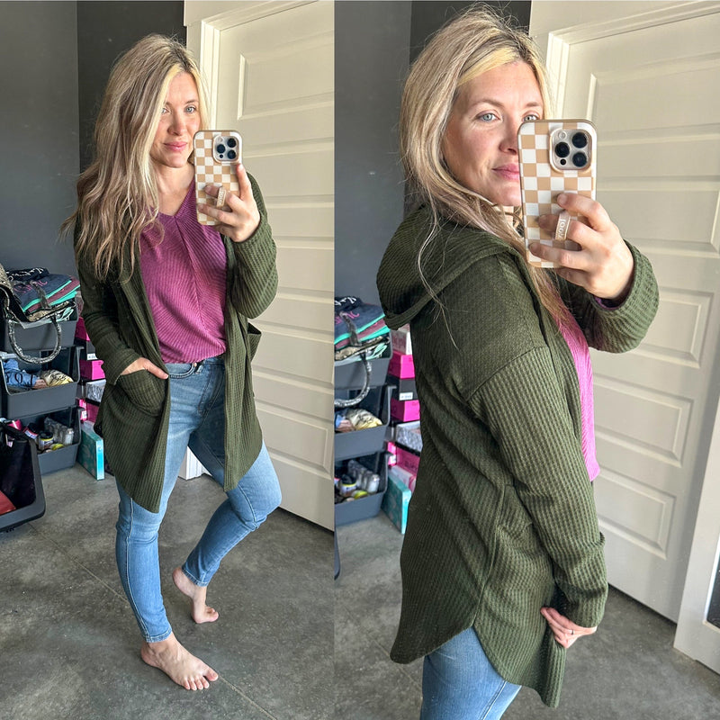 Waffle Knit Hooded Cardigan With Pockets In Olive - Maple Row Boutique 