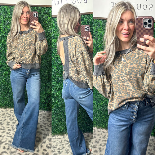 Long Sleeve Leopard Open Back Top - Maple Row Boutique