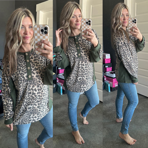 Waffle Knit Top With Button Front Detail In Olive Animal Print - Maple Row Boutique 