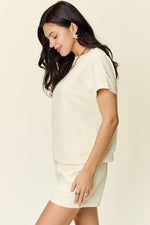 Double Take Full Size Texture Short Sleeve T-Shirt and Drawstring Shorts Set - Maple Row Boutique 
