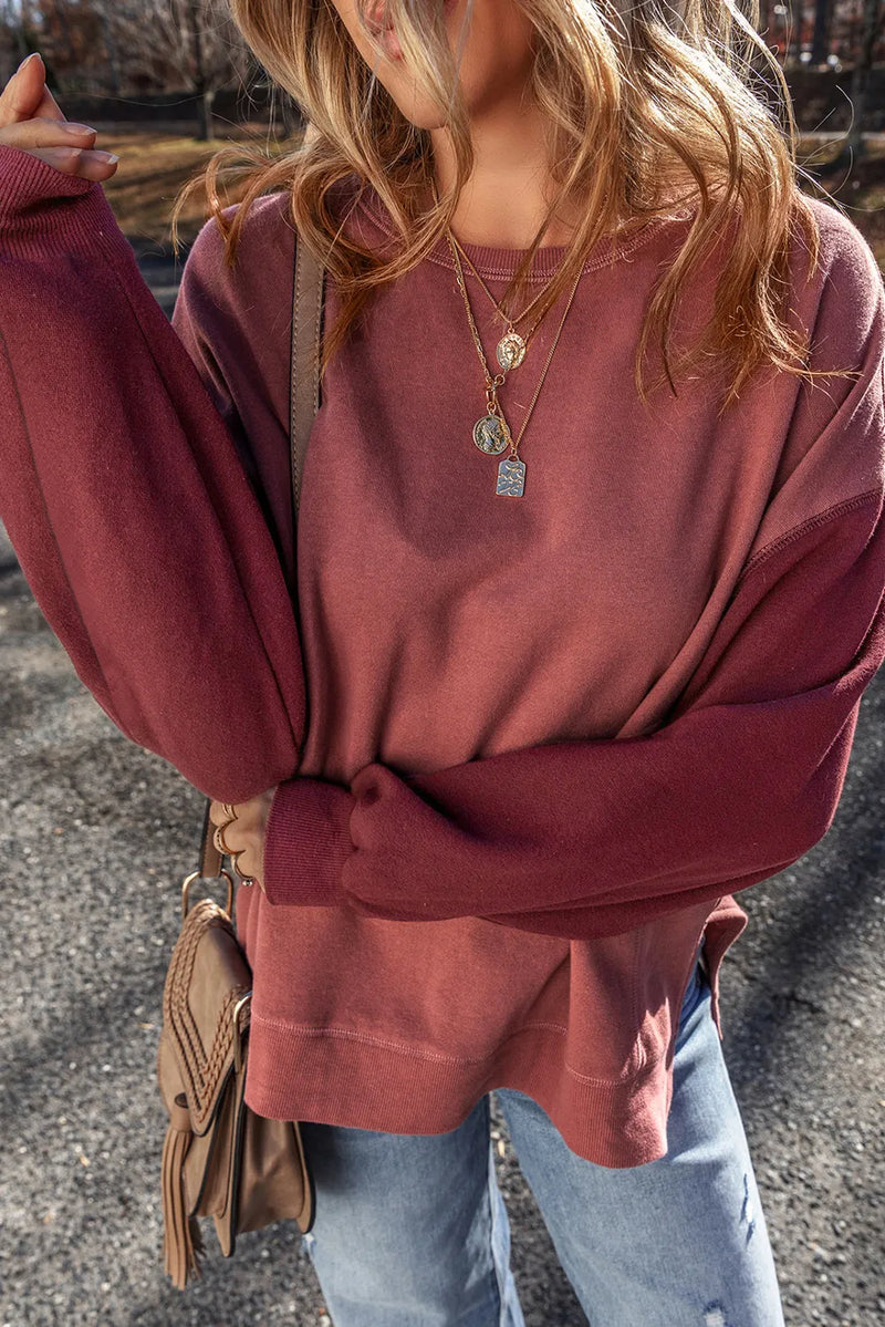 Contrast Round Neck Long Sleeve Sweatshirt - Maple Row Boutique 