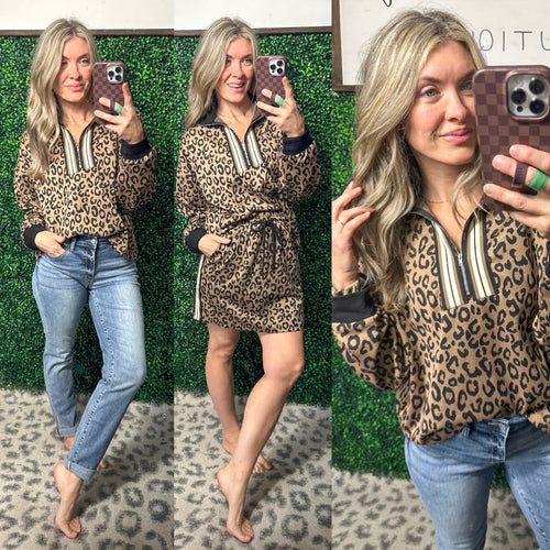 Leopard Half Zip Pullover - Maple Row Boutique