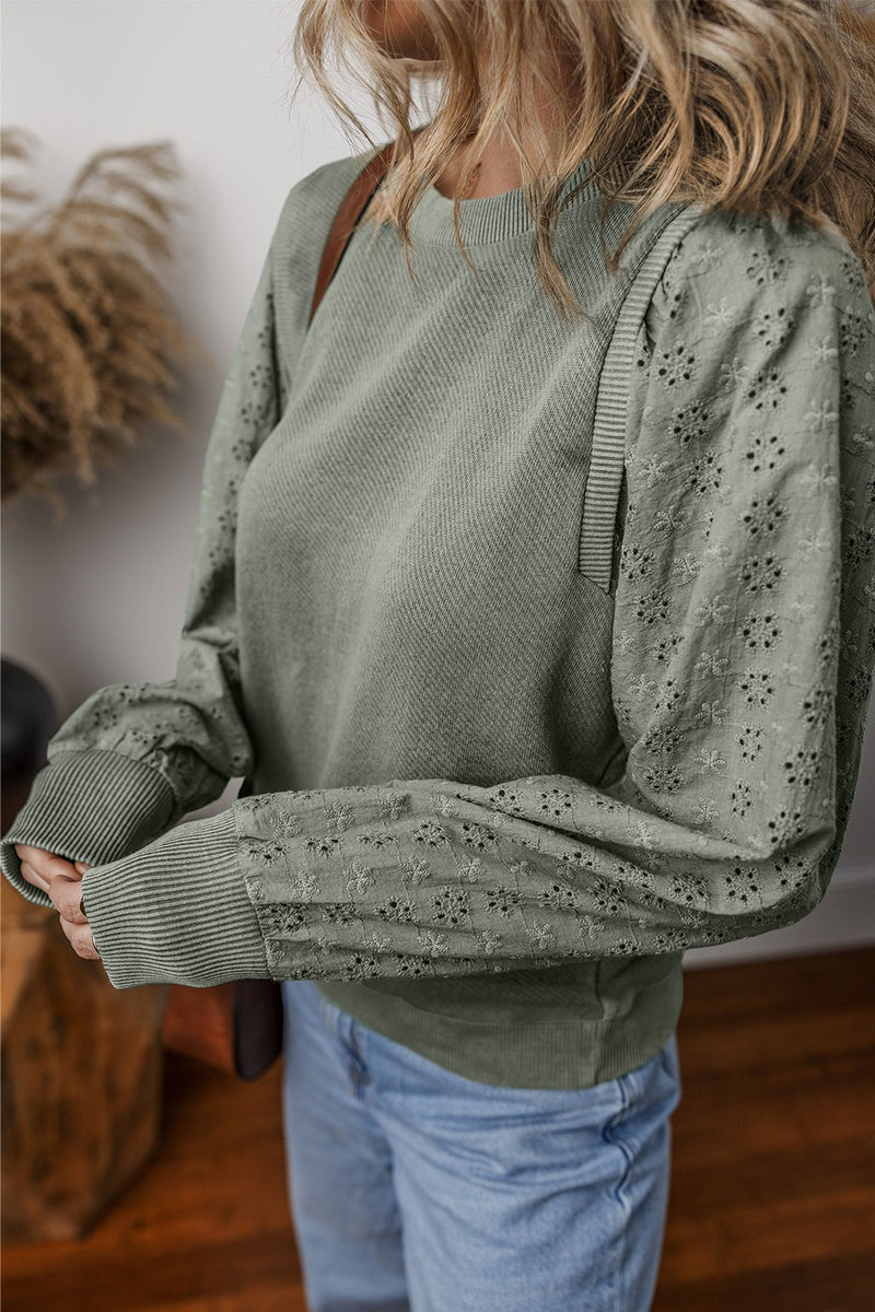 Eyelet Round Neck Long Sleeve Sweatshirt - Maple Row Boutique 