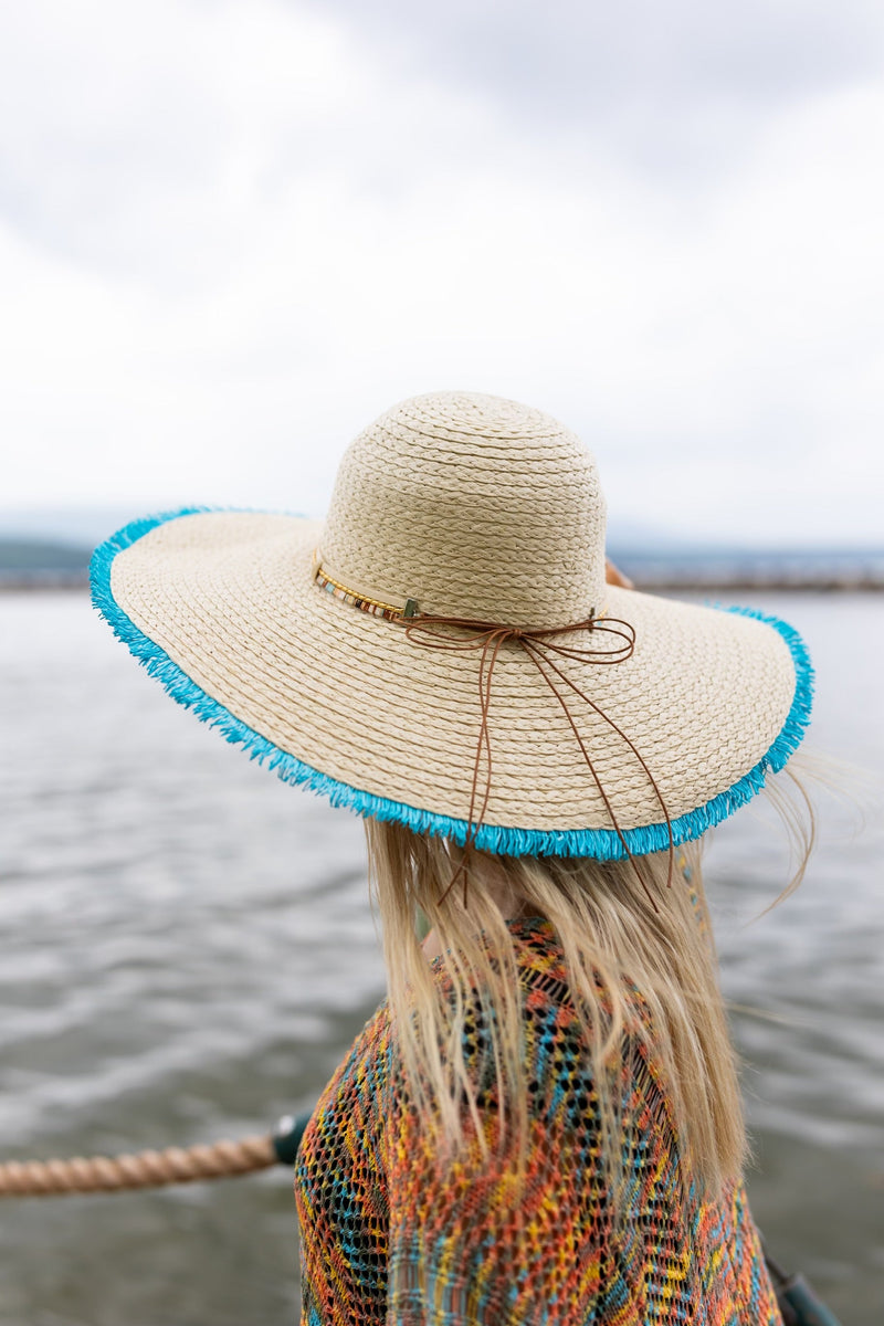 Frayed Straw Hat w/ Colored Bands - Maple Row Boutique 