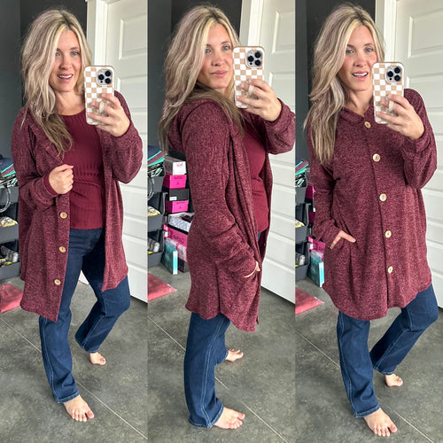 Button Front Hooded Cardigan With Pockets In Heathered Burgundy - Maple Row Boutique 