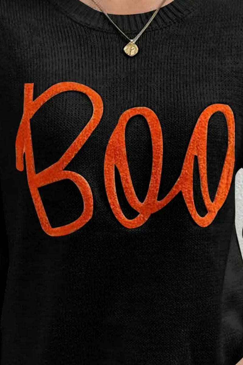 BOO Round Neck Long Sleeve Sweater - Maple Row Boutique 