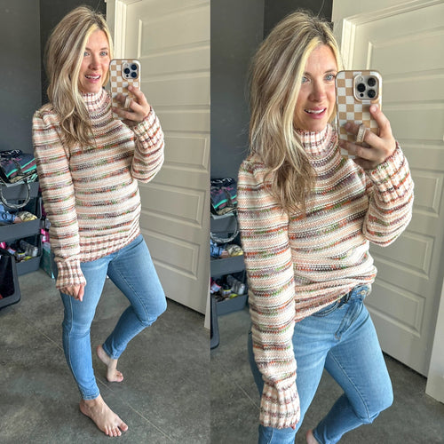 Mock Neck Knit Sweater In Multi Color Stripes - Maple Row Boutique 
