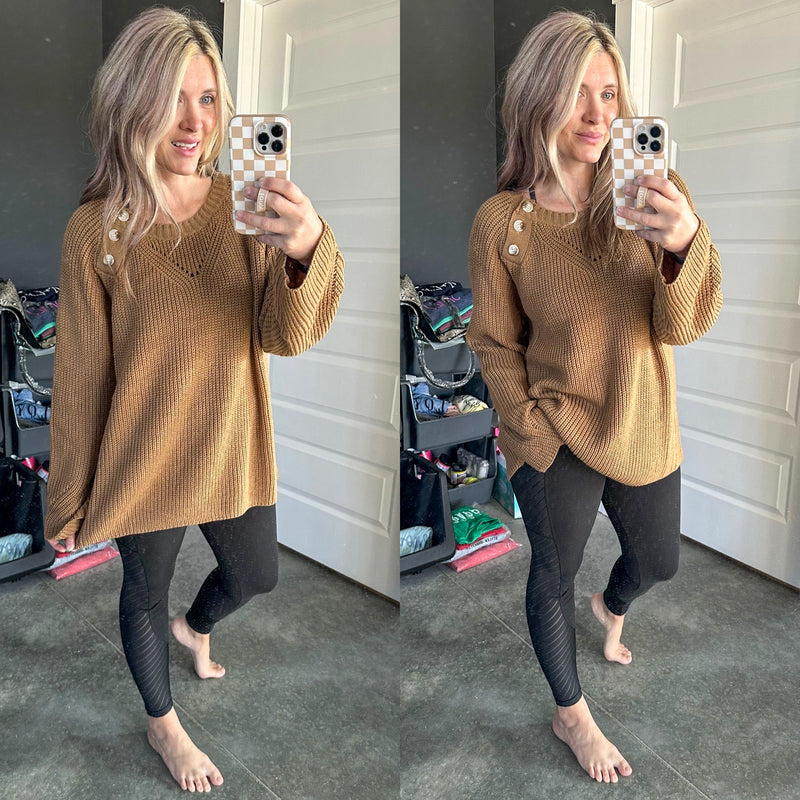 Closing In Button Shoulder Soft Sweater In Toffee - Maple Row Boutique 