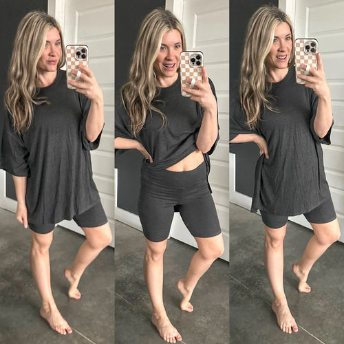 Oversized Top & Bike Shorts Set In Charcoal - Maple Row Boutique 