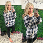Checkered Plaid Sherpa Hoodie In Gray & White - Maple Row Boutique 