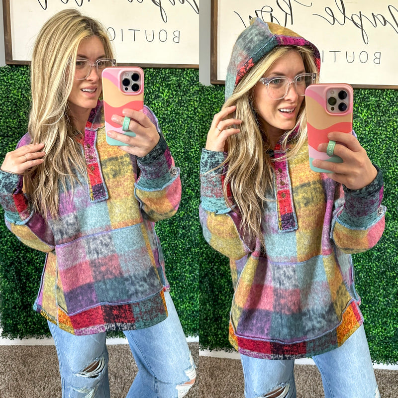 Double Take Full Size Plaid Dropped Shoulder Hoodie - Maple Row Boutique 