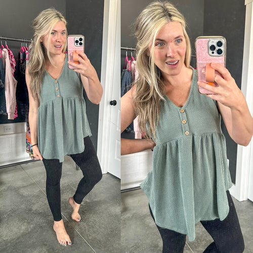 Sleeveless Babydoll Top With Button Detail In Rustic Sage - Maple Row Boutique 