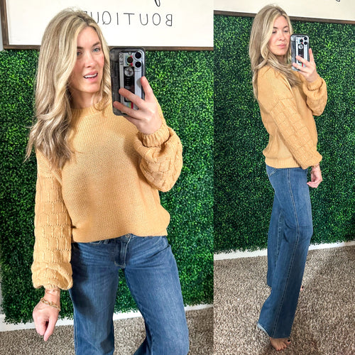 Bubbly Personality Bubble Sleeve Sweater in Wheat - Maple Row Boutique 