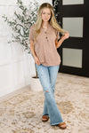 Almost There V-Neck Henley Top In Taupe - Maple Row Boutique