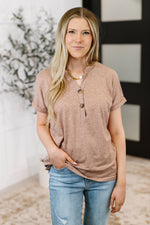 Almost There V-Neck Henley Top In Taupe - Maple Row Boutique
