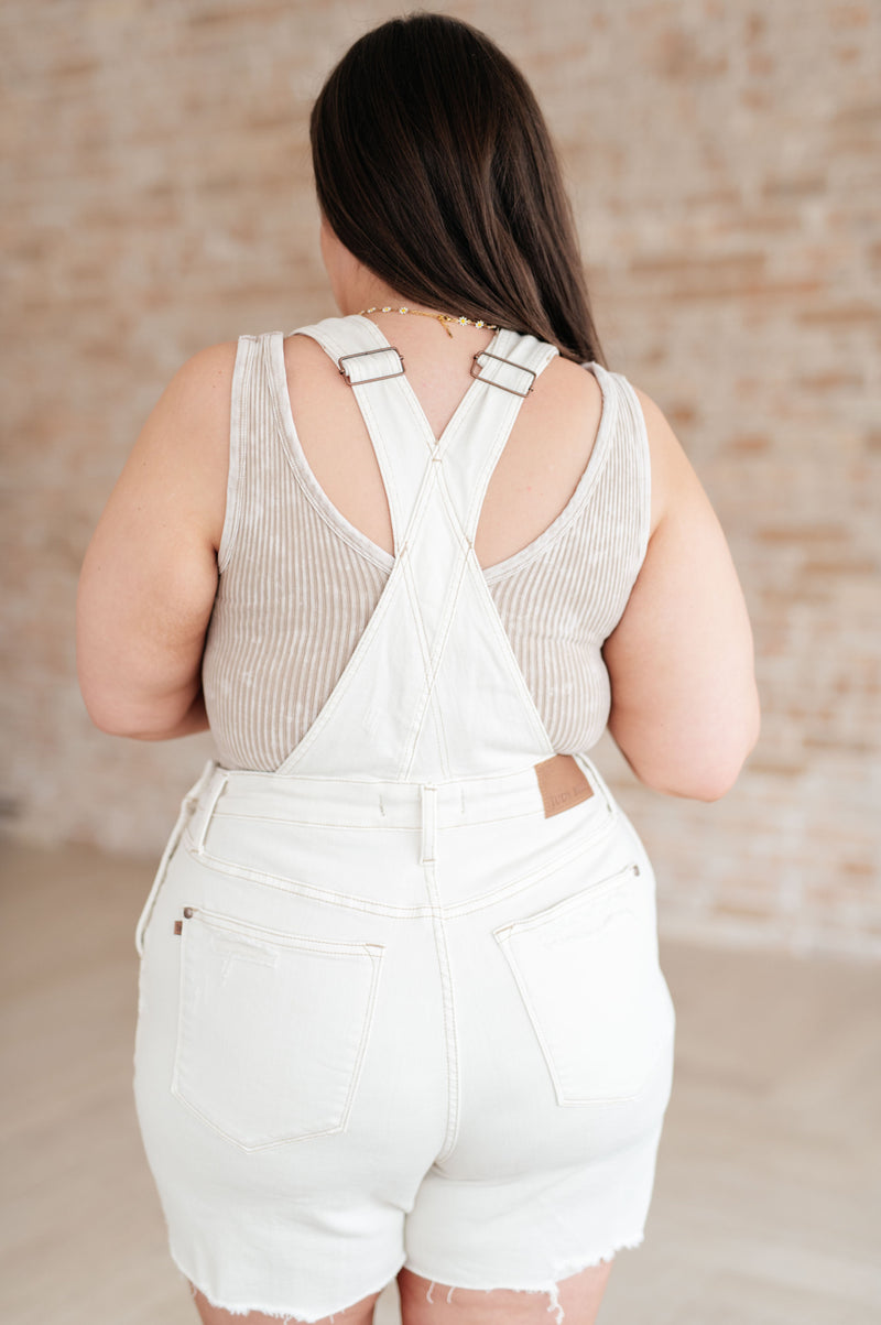 Anna High Rise Garment Dyed Cutoff Shortalls in Ecru - Maple Row Boutique