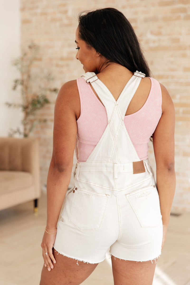 Anna High Rise Garment Dyed Cutoff Shortalls in Ecru - Maple Row Boutique