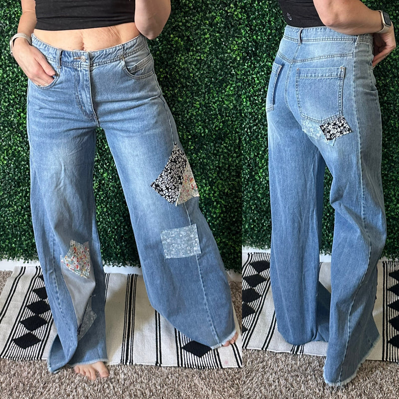 Patchwork Wide Leg Jeans - Maple Row Boutique