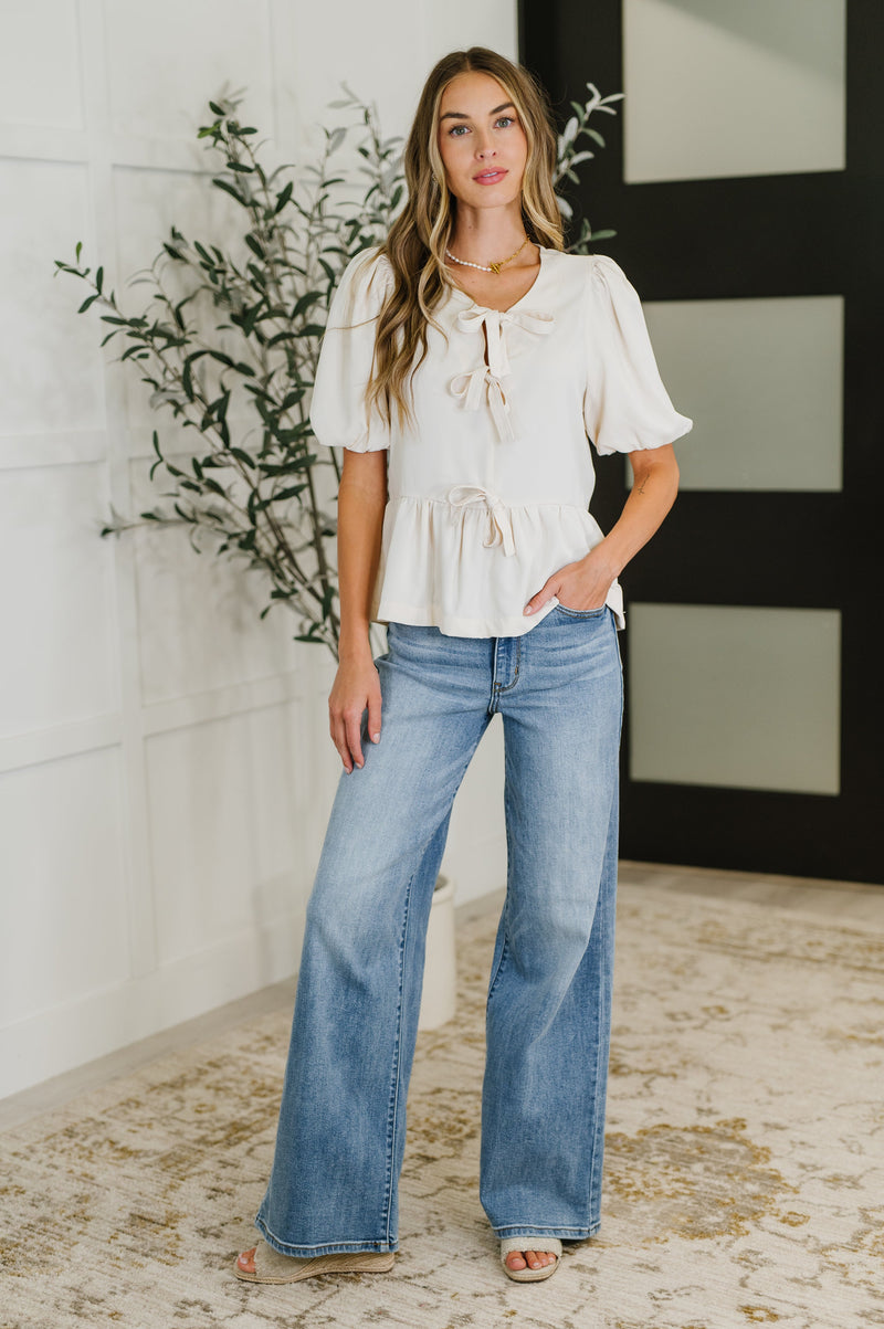 PREORDER: Balloon Sleeve Bow Blouse in Ivory - Maple Row Boutique