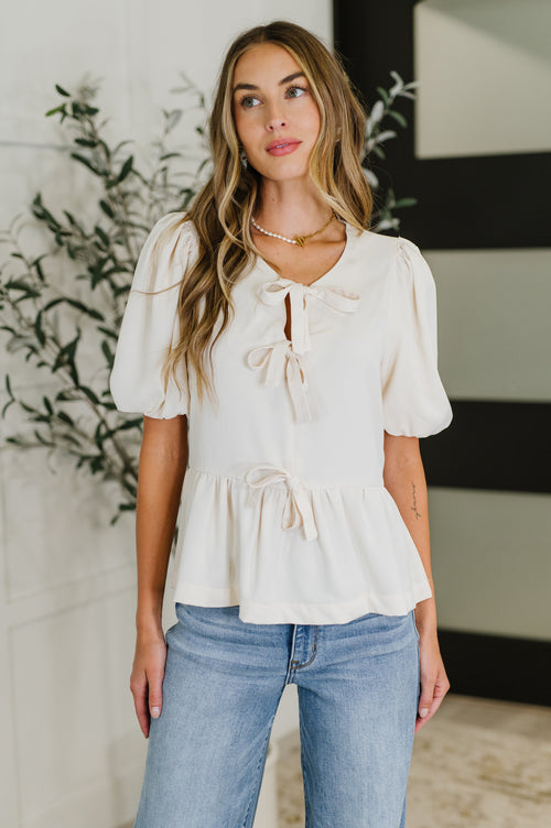 PREORDER: Balloon Sleeve Bow Blouse in Ivory - Maple Row Boutique
