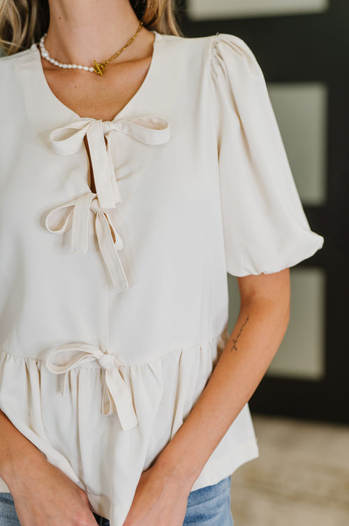 PREORDER: Balloon Sleeve Bow Blouse in Ivory - Maple Row Boutique