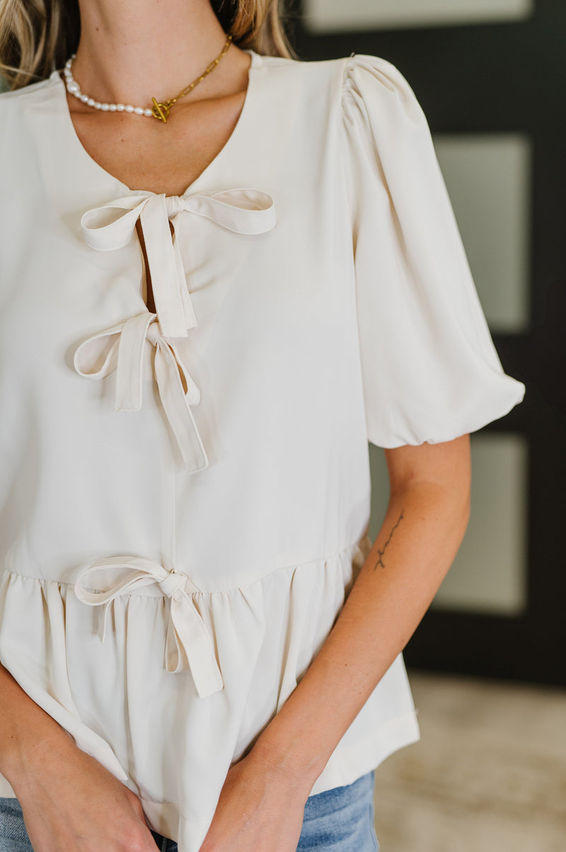 PREORDER: Balloon Sleeve Bow Blouse in Ivory - Maple Row Boutique