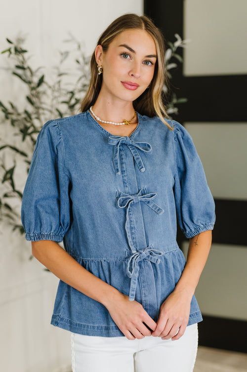 PREORDER: Balloon Sleeve Chambray Bow Blouse - Maple Row Boutique
