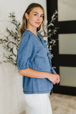 PREORDER: Balloon Sleeve Chambray Bow Blouse - Maple Row Boutique