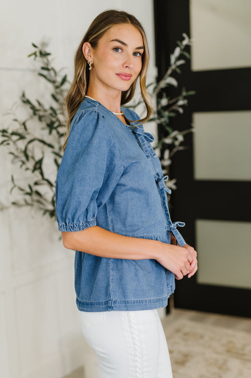 PREORDER: Balloon Sleeve Chambray Bow Blouse - Maple Row Boutique