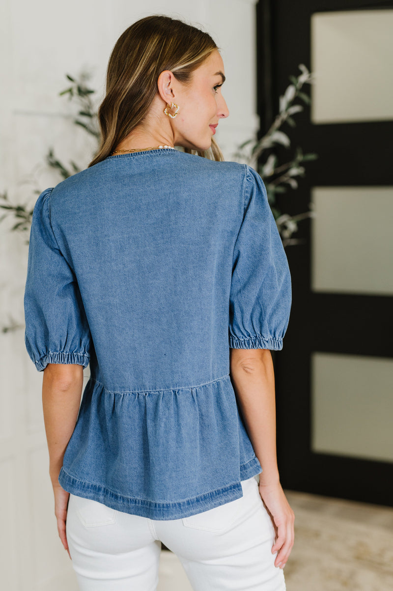 PREORDER: Balloon Sleeve Chambray Bow Blouse - Maple Row Boutique