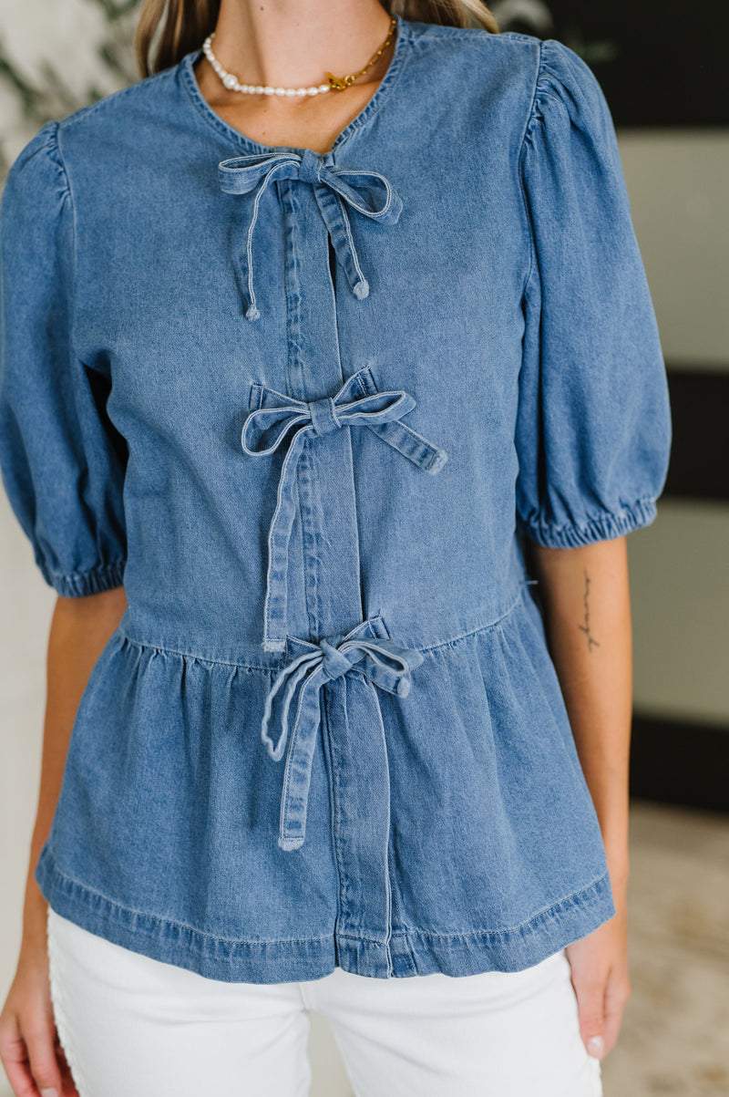 PREORDER: Balloon Sleeve Chambray Bow Blouse - Maple Row Boutique