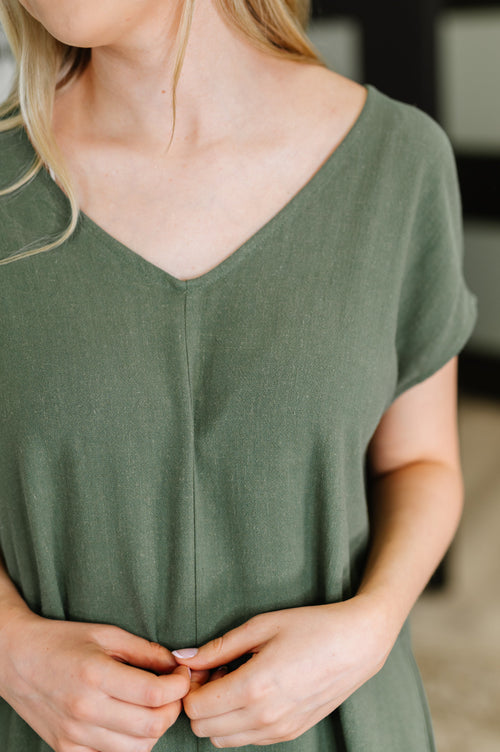 Barely Trying V-Neck Relaxed Dress in Gray Green - Maple Row Boutique