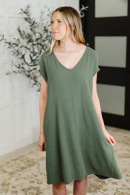 Barely Trying V-Neck Relaxed Dress in Gray Green - Maple Row Boutique