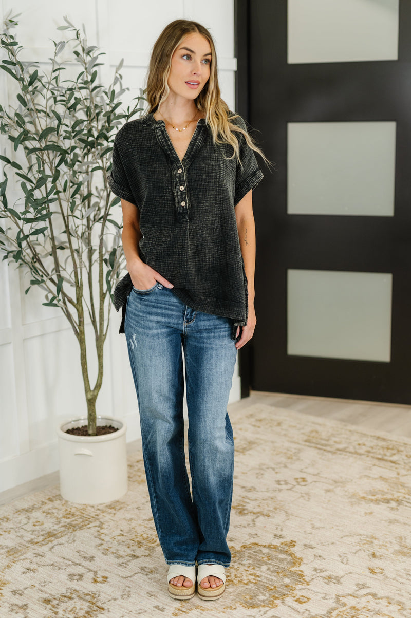 Basic Fade V-Neck Acid Wash Top in Ash Black - Maple Row Boutique