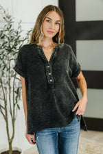 Basic Fade V-Neck Acid Wash Top in Ash Black - Maple Row Boutique