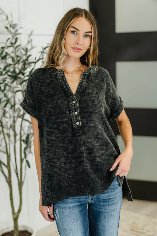 Basic Fade V-Neck Acid Wash Top in Ash Black - Maple Row Boutique