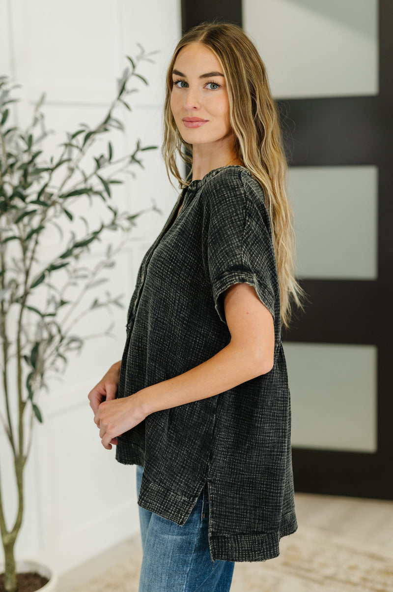 Basic Fade V-Neck Acid Wash Top in Ash Black - Maple Row Boutique