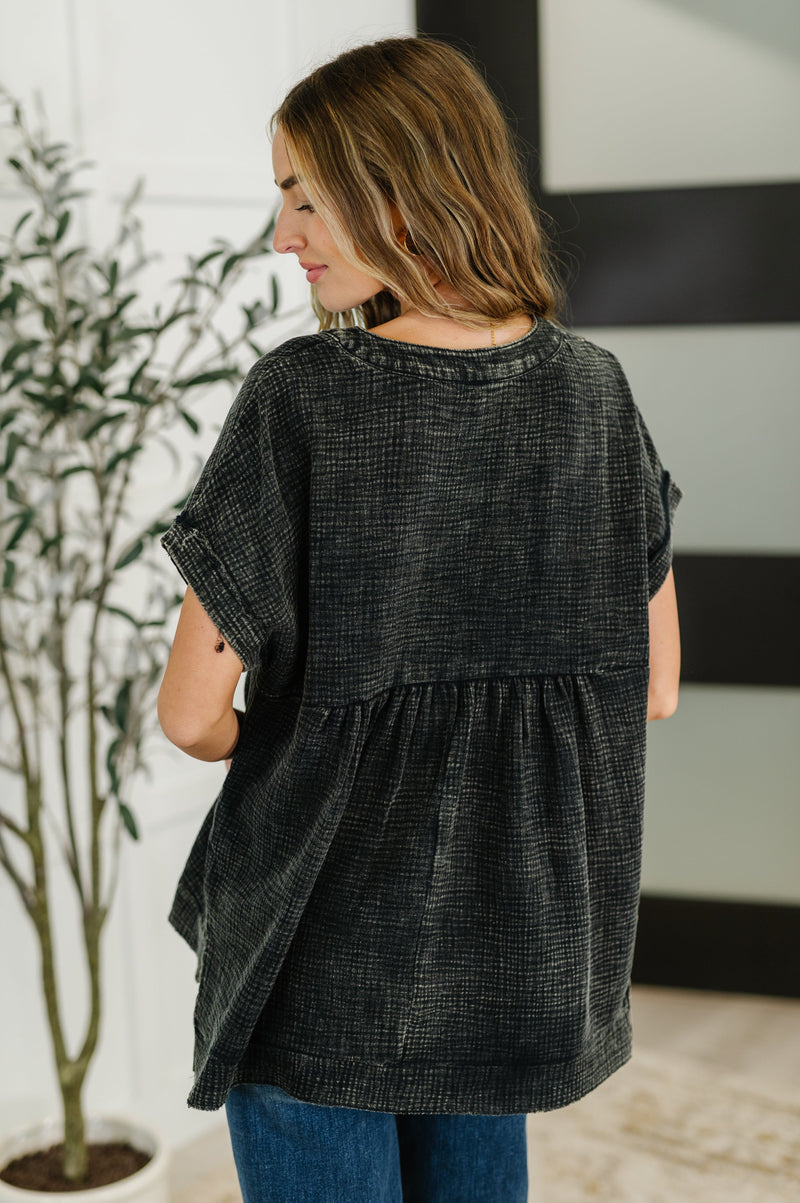 Basic Fade V-Neck Acid Wash Top in Ash Black - Maple Row Boutique