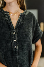 Basic Fade V-Neck Acid Wash Top in Ash Black - Maple Row Boutique